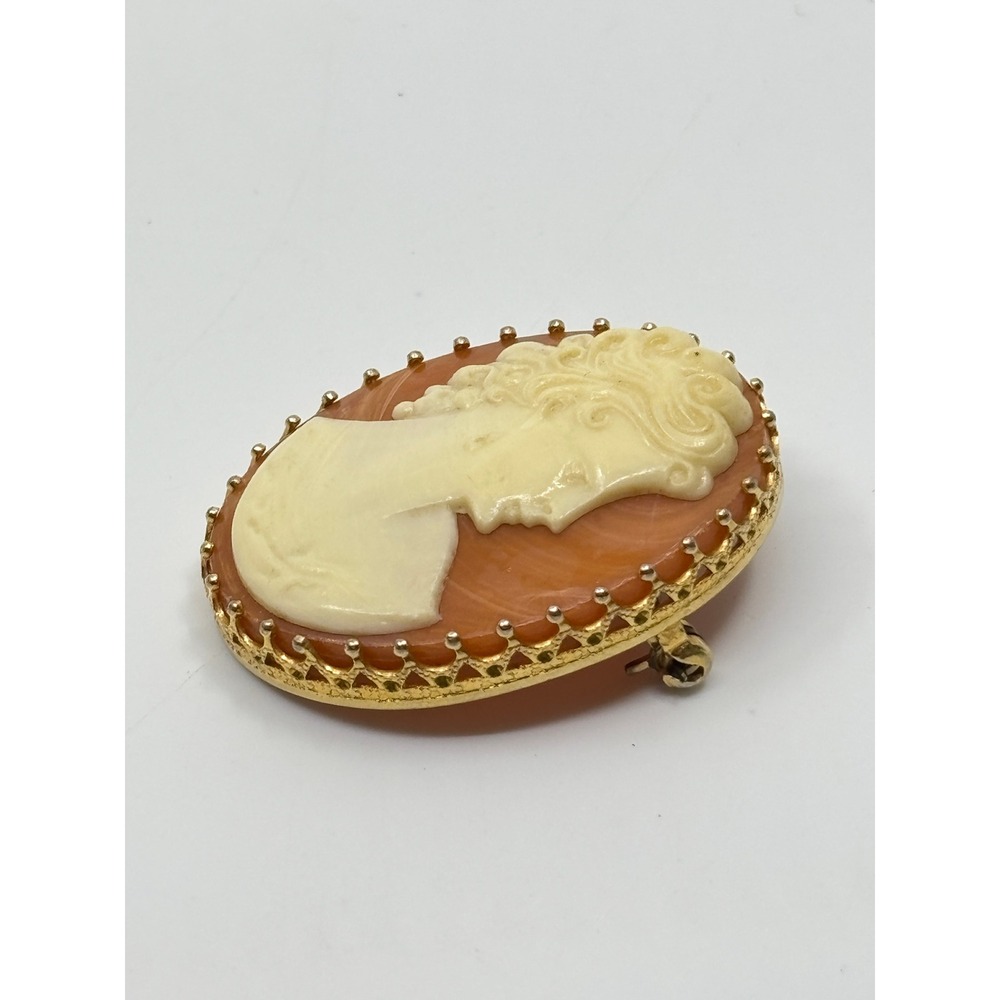 Vintage Gold Tone Oval Cameo Brooch Female Profile Orange Cream Victorian Style - Picture 3 of 8